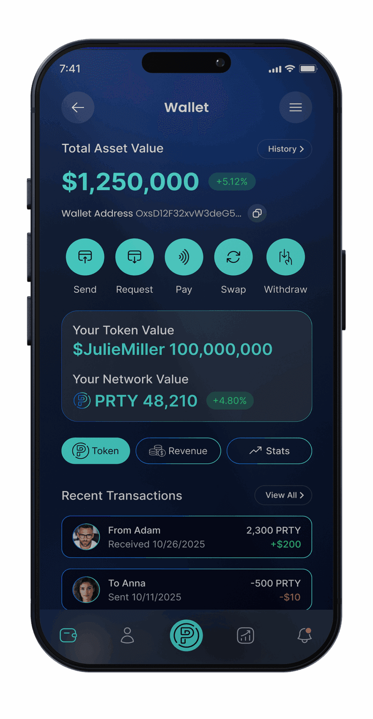Pairty Wallet interface showing portfolio and asset value